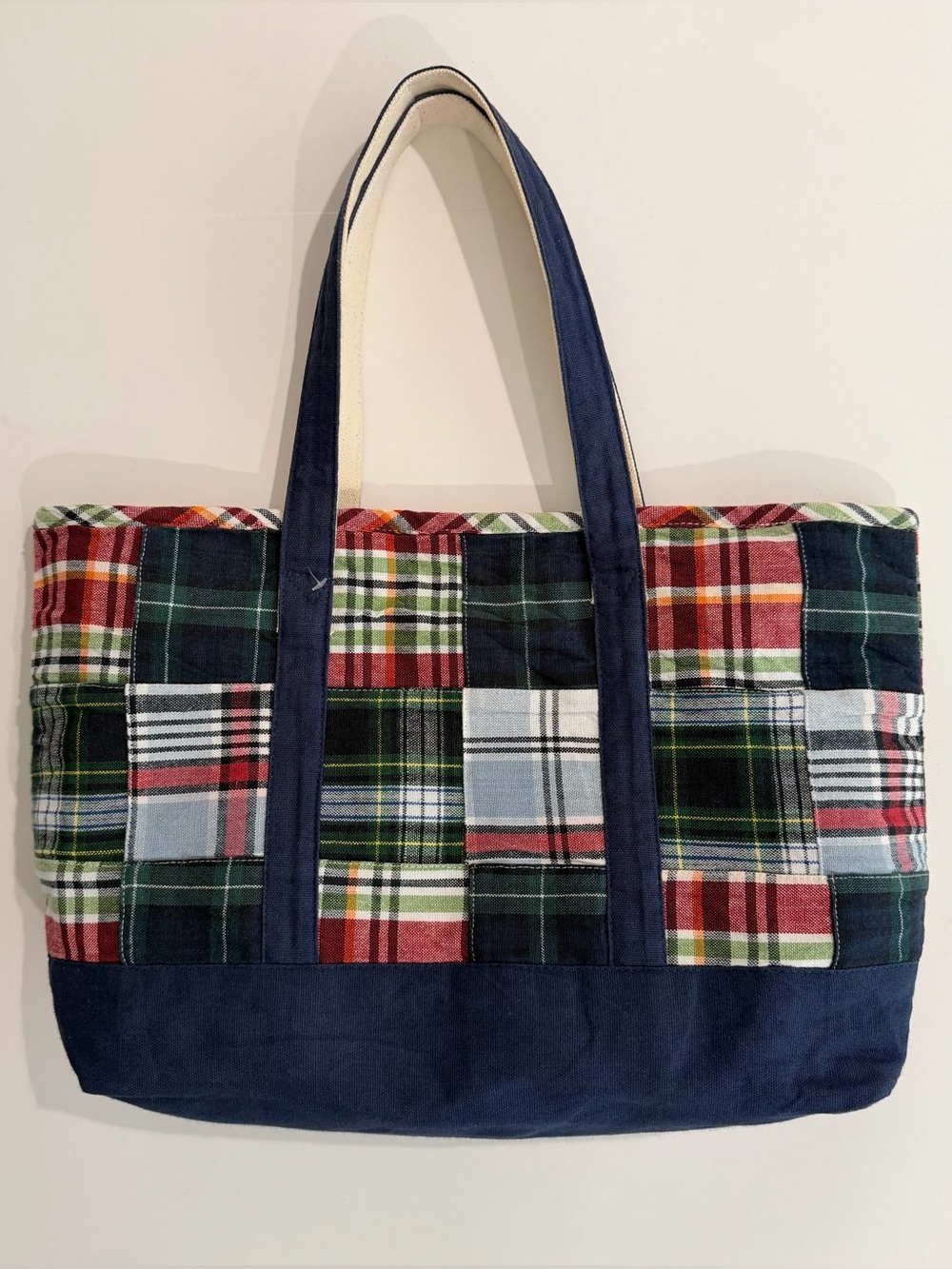 Madras Patchwork Plaid Cotton Tote Bag Navy Preppy Coastal Carryall New
